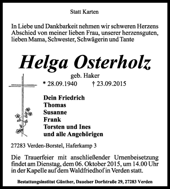 Traueranzeige von Helga Osterholz von KRZ