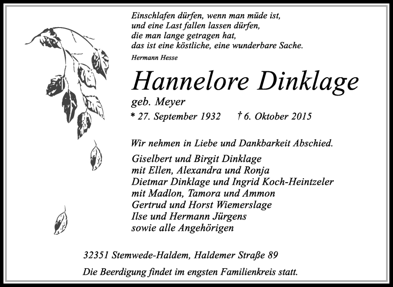  Traueranzeige für Hannelore Dinklage vom 08.10.2015 aus KRZ