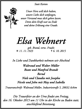 Traueranzeige von Elsa Wehnert von KRZ