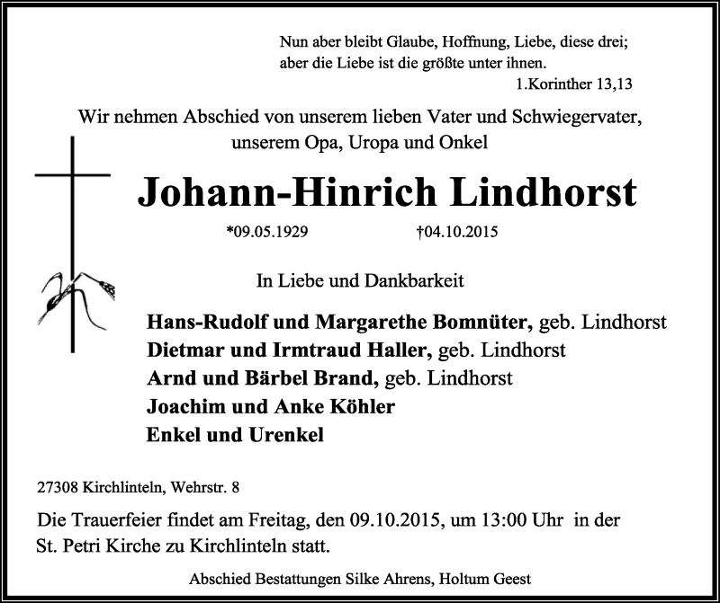  Traueranzeige für Johann-Hinrich Lindhorst vom 06.10.2015 aus KRZ