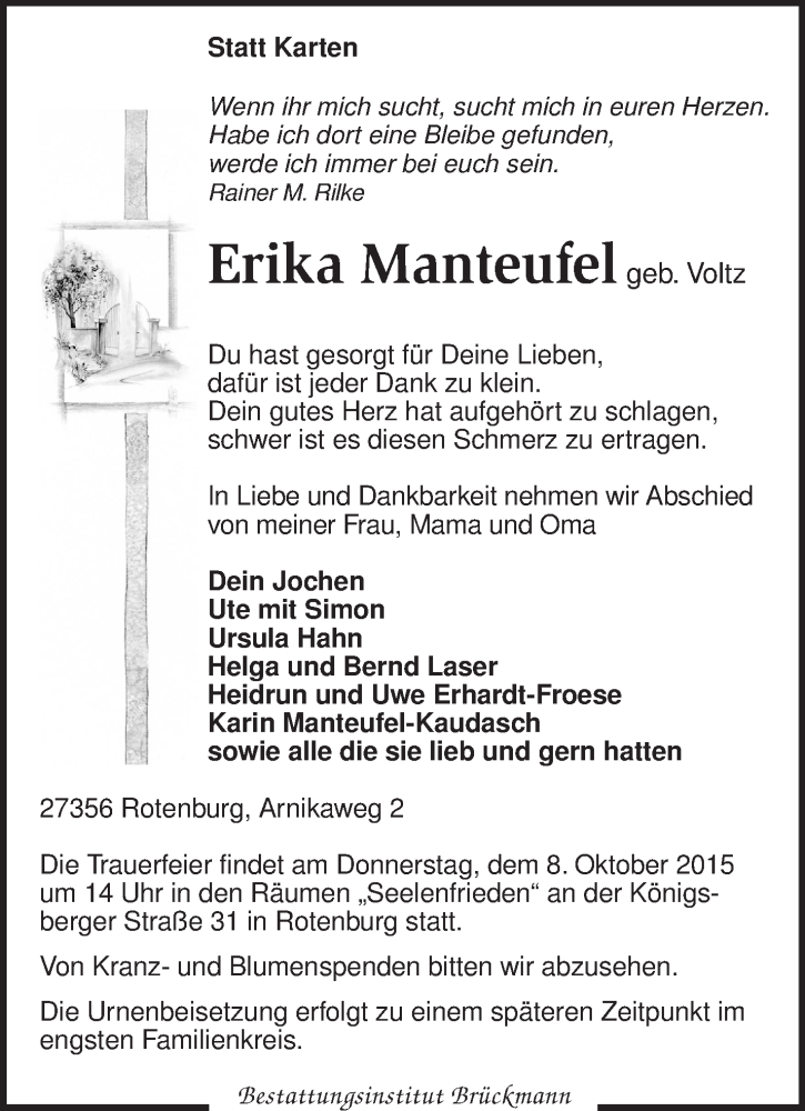  Traueranzeige für Erika Manteufel vom 05.10.2015 aus KRZ