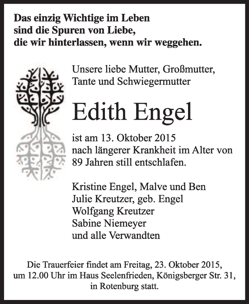  Traueranzeige für Edith Engel vom 17.10.2015 aus KRZ