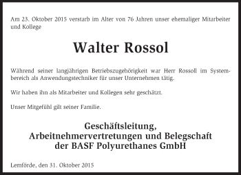 Traueranzeige von Walter Rossol von KRZ