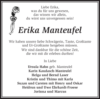 Traueranzeige von Erika Manteufel von KRZ