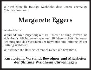 Traueranzeige von Margarete Eggers von KRZ