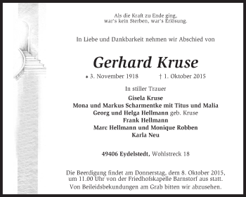 Traueranzeige von Gerhard Kruse von KRZ