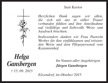 Traueranzeige von Helga Gansbergen von KRZ