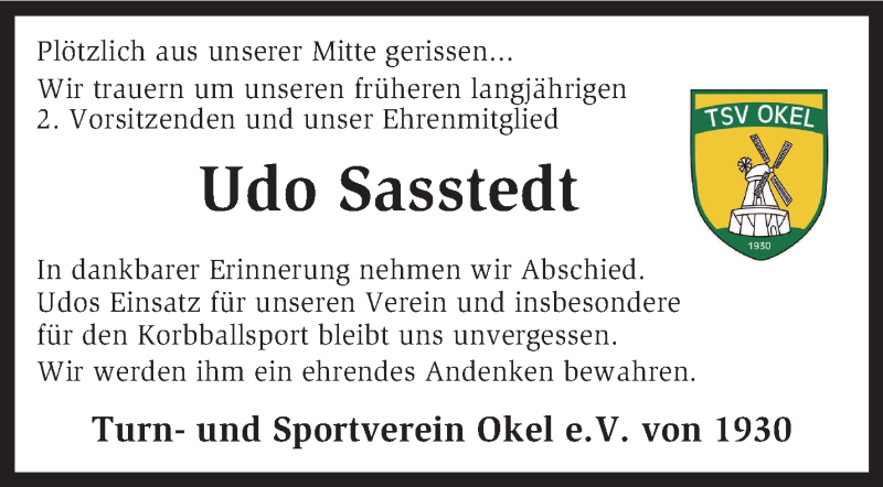  Traueranzeige für Udo Sasstedt vom 20.10.2015 aus KRZ