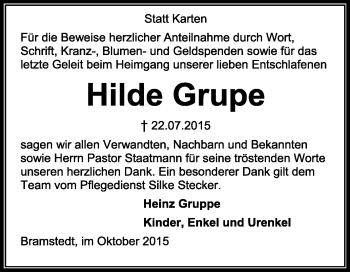 Traueranzeige von Hilde Grupe von KRZ