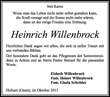 Traueranzeige von Heinrich Willenbrock von KRZ