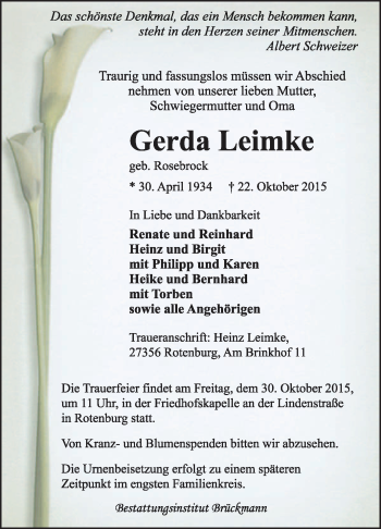 Traueranzeige von Gerda Leimke von KRZ