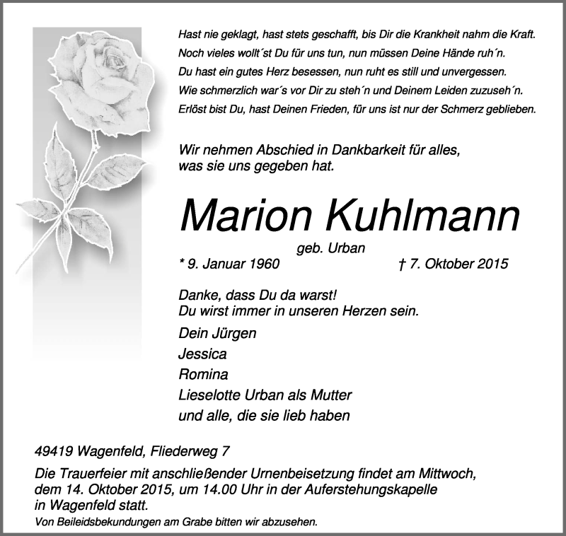  Traueranzeige für Marion Kuhlmann vom 10.10.2015 aus KRZ