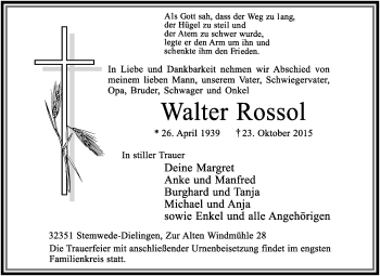 Traueranzeige von Walter Rossol von KRZ