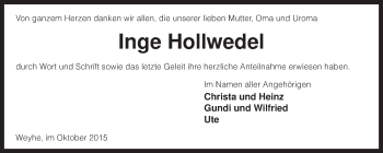 Traueranzeige von Inge Hollwedel von KRZ