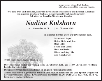 Traueranzeige von Nadine Kolshorn von KRZ