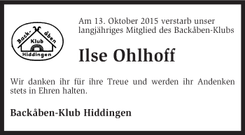 Traueranzeige von Ilse Ohlhoff von KRZ