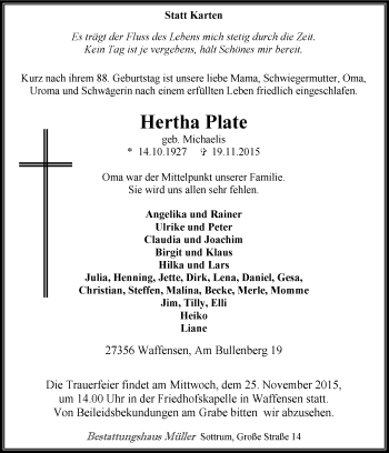 Traueranzeige von Hertha Plate von KRZ