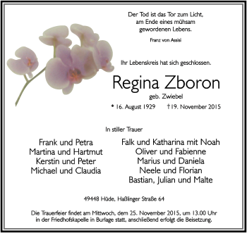 Traueranzeige von Regina Zboron von KRZ