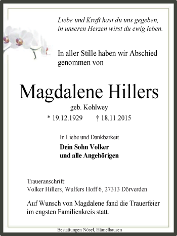 Traueranzeige von Magdalene Hillers von KRZ