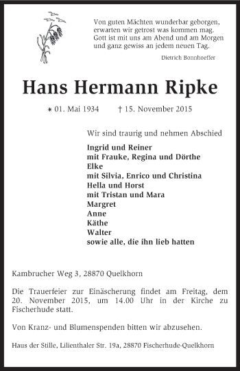 Traueranzeige von Hans Hermann Ripke von KRZ