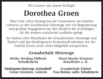 Traueranzeige von Dorothea Groen von KRZ