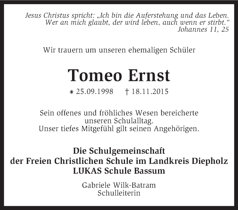 Traueranzeige für Tomeo Ernst vom 26.11.2015 aus KRZ