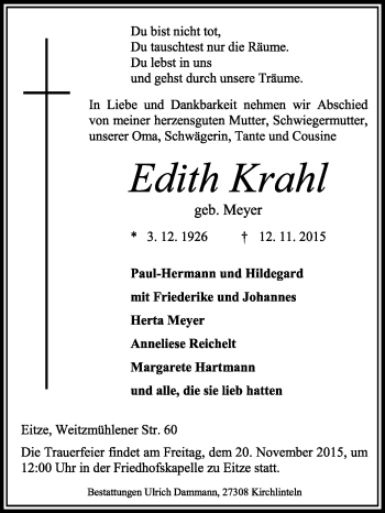 Traueranzeige von Edith Krahl von KRZ