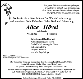 Traueranzeige von Alice Hövel von KRZ