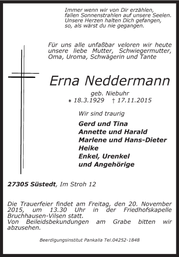 Traueranzeige von Erna Neddermann von KRZ