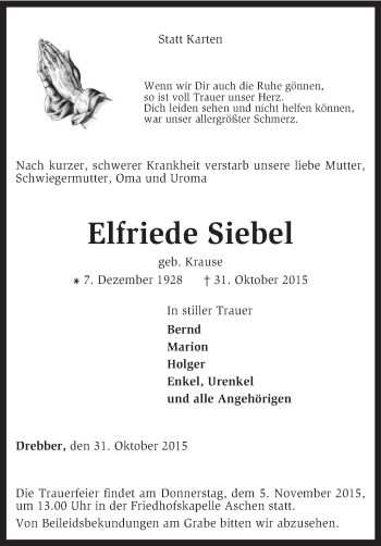 Traueranzeige von Elfriede Siebel von KRZ