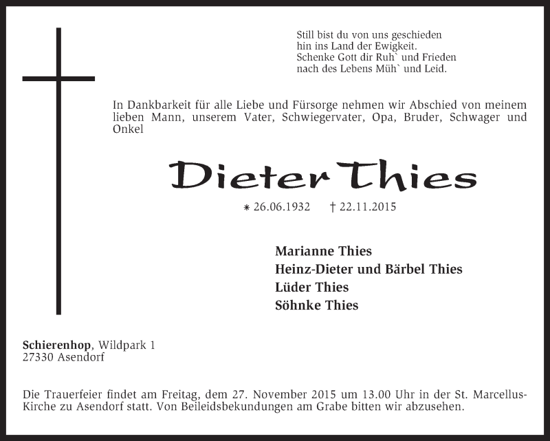  Traueranzeige für Dieter Thies vom 24.11.2015 aus KRZ