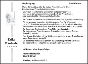 Traueranzeige von Erika Manteufel von KRZ