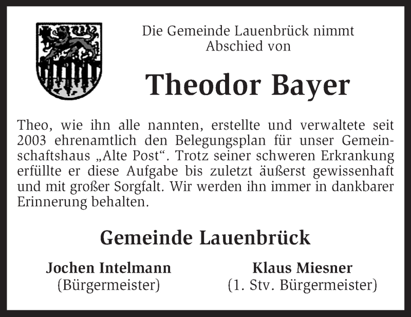  Traueranzeige für Theodor Bayer vom 23.11.2015 aus KRZ