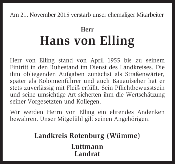 Traueranzeige von Hans von Elling von KRZ