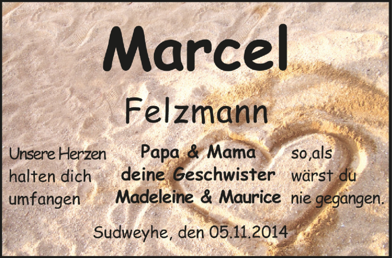  Traueranzeige für Marcel Felzmann vom 05.11.2014 aus Kreiszeitung