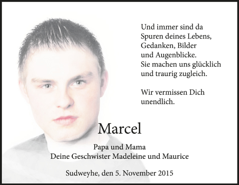  Traueranzeige für Marcel Felzmann vom 08.11.2015 aus Kreiszeitung