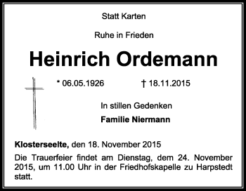 Traueranzeige von Heinrich Ordemann von KRZ