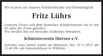 Traueranzeige von Fritz Lührs von KRZ