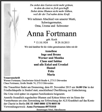 Traueranzeige von Anna Fortmann von KRZ