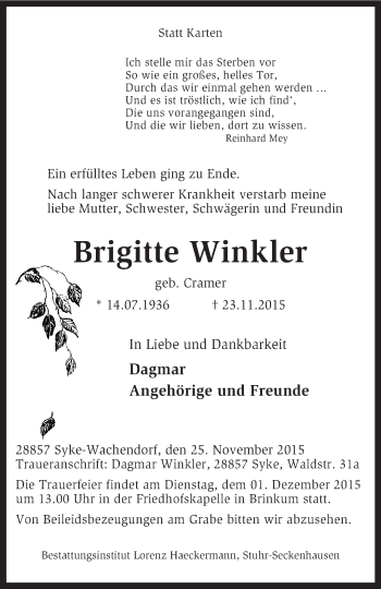 Traueranzeige von Brigitte Winkler von KRZ