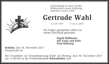 Traueranzeige von Gertrude Wahl von KRZ