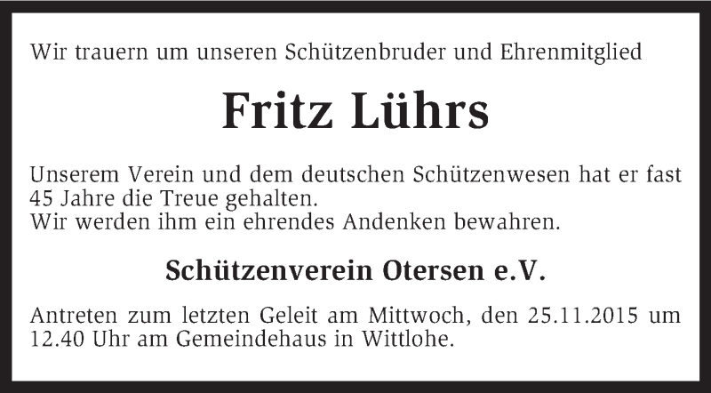  Traueranzeige für Fritz Lührs vom 21.11.2015 aus KRZ