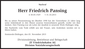 Traueranzeige von Friedrich Pansing von KRZ