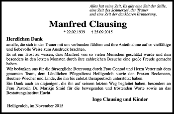 Traueranzeige von Manfred Clausing von KRZ