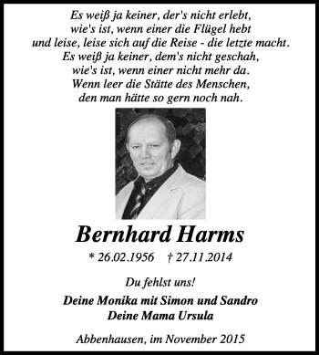 Traueranzeige von Bernhard Harms von KRZ