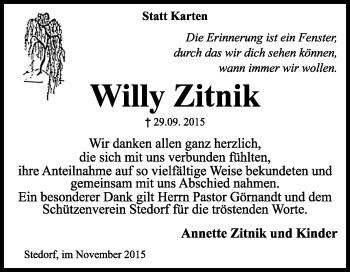 Traueranzeige von Willy Zitnik von KRZ