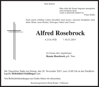 Traueranzeige von Alfred Rosebrock von KRZ