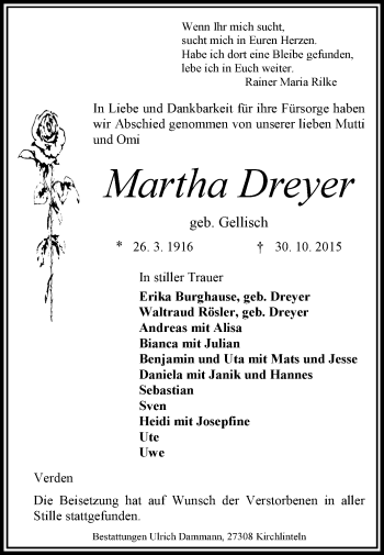 Traueranzeige von Martha Dreyer von KRZ