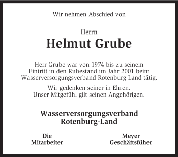 Traueranzeige von Helmut Grube von KRZ