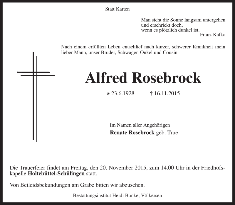  Traueranzeige für Alfred Rosebrock vom 18.11.2015 aus KRZ